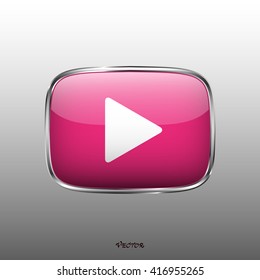 The play button, rounded square shape, isolated on white background. Media player icon. Pink white color button on silver border.
