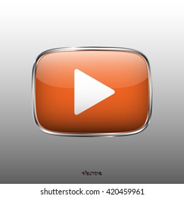 The play button, rounded square shape, isolated on white background. Media player icon. Orange white color button on silver border.