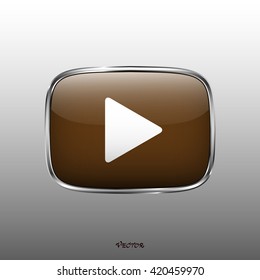 The play button, rounded square shape, isolated on white background. Media player icon. Brown white color button on silver border.