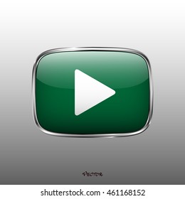 The play button, rounded square shape, isolated on white background. Media player icon. Green white color button on silver border.