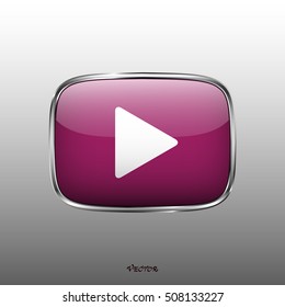 The play button, rounded square shape, isolated on white background. Media player icon. violet White color button on silver border.