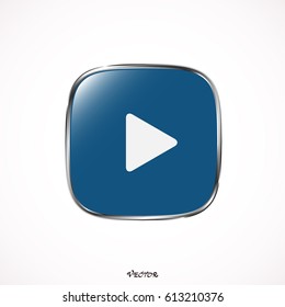The play button, rounded square shape, isolated on white background. Media player icon. Blue white color button on silver border.