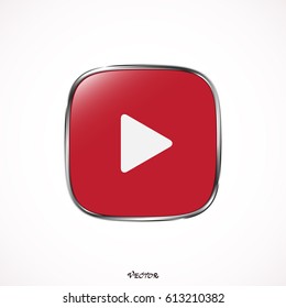 The play button, rounded square shape, isolated on white background. Media player icon. Red White color button on silver border.