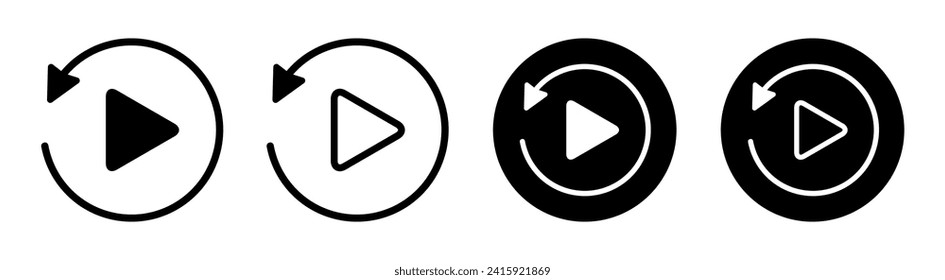 Play button set icons, playback button signs, restart video audio player navigate symbol, reset replay symbol – vector