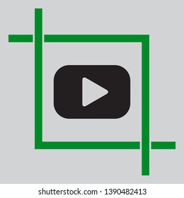 Play button sign. Black icon inside green crop tool at light gray background