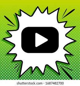 Play button sign. Black Icon on white popart Splash at green background with white spots. Illustration.