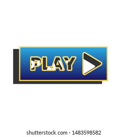 Play button sign. Blue icon with gold contour with dark gray shadow at white background. Illustration.