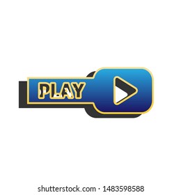 Play button sign. Blue icon with gold contour with dark gray shadow at white background. Illustration.