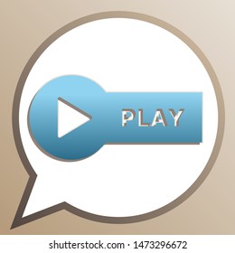 Play button sign. Bright cerulean icon in white speech balloon at pale taupe background. Illustration.