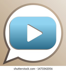 Play button sign. Bright cerulean icon in white speech balloon at pale taupe background. Illustration.