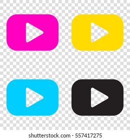 Play button sign. CMYK icons on transparent background. Cyan, magenta, yellow, key, black.