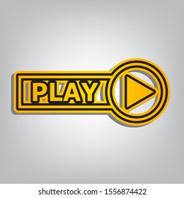 Play button sign. Flat orange icon with overlapping linear black icon with gray shadow at whitish background. Illustration.