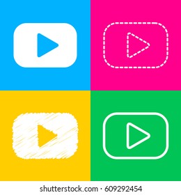 Play button sign. Four styles of icon on four color squares.