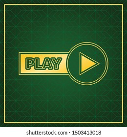Play button sign. Golden icon with gold contour at dark green gridded white background. Illustration.