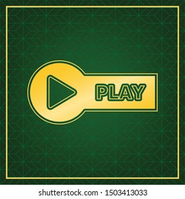 Play button sign. Golden icon with gold contour at dark green gridded white background. Illustration.