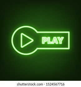 Play button sign. Green neon icon in the dark. Blurred lightening. Illustration.