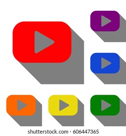 Play button sign. Set of red, orange, yellow, green, blue and violet icons at white background with flat shadow.