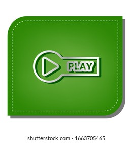 Play button sign. Silver gradient line icon with dark green shadow at ecological patched green leaf. Illustration.