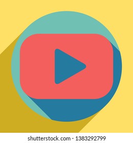 Play button sign. Sunset orange icon with llapis lazuli shadow inside medium aquamarine circle with different goldenrod shadow at royal yellow background.