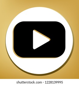 Play button sign. Vector. Black icon with light brown shadow in white circle with shaped ring at golden background.