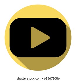 Play button sign. Vector. Flat black icon with flat shadow on royal yellow circle with white background. Isolated.