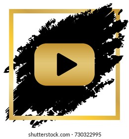 Play button sign. Vector. Golden icon at black spot inside golden frame on white background.