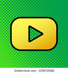 Play button sign. Vector. Pop art orange to yellow dots-gradient icon with black contour at greenish background.