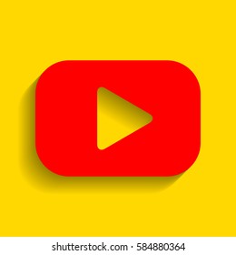 Play button sign. Vector. Red icon with soft shadow on golden background.
