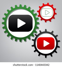 Play button sign. Vector. Three connected gears with icons at grayish background.