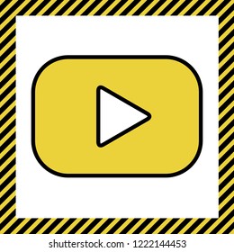 Play button sign. Vector. Warm yellow icon with black contour in frame named as under construction at white background. Isolated.