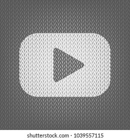 Play button sign. Vector. White knitted icon on gray knitted background. Isolated.