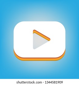 Play button sign. Vector. White icon with 3d warm-colored gradient body at sky blue background.