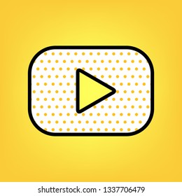 Play button sign. Vector. Yellow polka dot white icon with black contour at warm yellow background.