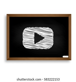 Play button sign. White chalk icon on black school board with sh