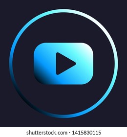 Play button sign. White, cyan and blue gradient icon as round button in white shell at dark blue background. Illustration.