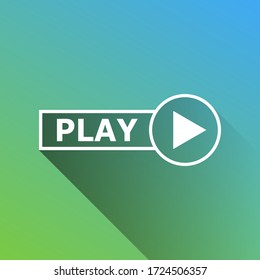 Play button sign. White Icon with gray dropped limitless shadow on green to blue background. Illustration.