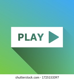 Signo del botón Reproducir. Icono blanco con sombra ilimitada gris sobre fondo verde a azul. Ilustración.