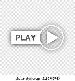 Play button sign. White Icon with dropped natural gray Shadow at transparent Background. Illustration.
