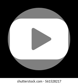 Play button sign. White icon in gray circle at black background. Circumscribed circle. Circumcircle.