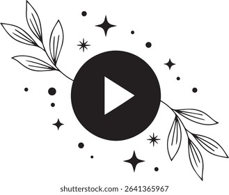 Play Button Silhouette, Black and White Line Art with Leaves and Stars