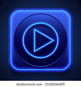 Play button simple icon vector. Flat design. Blue neon style on button. With shadow.ai