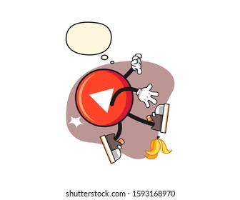 Play button slip on banana peel with thought bubble cartoon. Mascot Character vector.