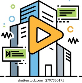 Play button superimposed on abstract buildings and media symbols media playback