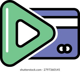 Play button superimposed on a purple credit card with black outline payment finance symbol