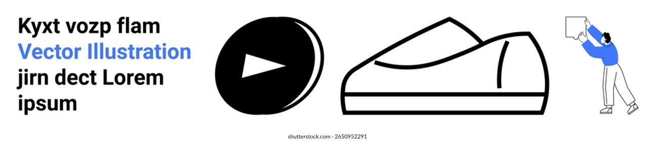 Play button symbol, outlined shoe, person holding a sign, editable text elements. Ideal for digital media, e-commerce, advertising, promotions, social media posts, marketing materials. Landing page