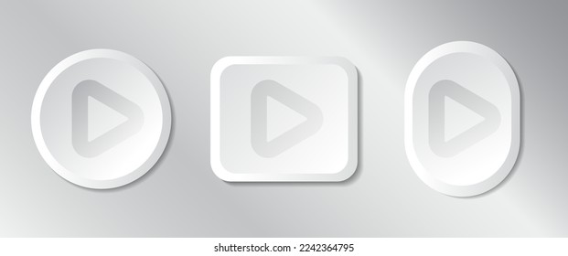 Play button vector set, realistic 3D style in white tone style, player button collection, technology and online streaming buttons, technology illustration, sign and symbol.