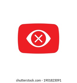 Play button video icon, logo symbol red banner, flat vector, social media sign, mobile app, web video mark vector. Crossed out eye.