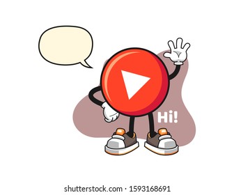 Play button wave hand with speech bubble cartoon. Mascot Character vector.