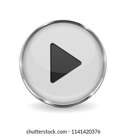 Play button. White 3d icon with metal frame. Vector illustration isolated on white background