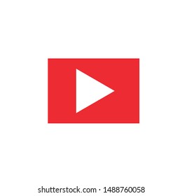 Play button. White Triangle sign over red rectangle, multimedia button template Vector illustration